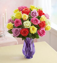 Load image into Gallery viewer, 1-800-Flowers Two Dozen Assorted  Roses with Purple Vase