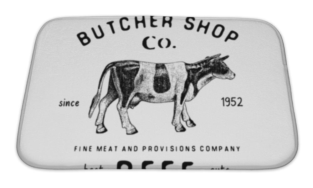 Bath Mat, Butcher Shop Vintage Emblem Beef Meat Products Butchery Logo Template Retro