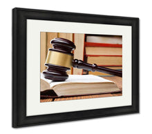 Load image into Gallery viewer, Framed Print, Supreme Court Law Book Wooden Judges Gavel On Table Courtroom