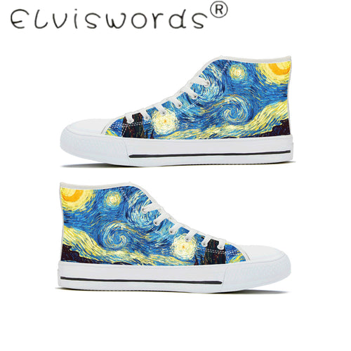 ELVISWORDS Woman Shoes Woman Vulcanized Shoes Van Gogh oil painting starry sky  Off White High-Top Canvas Lace-Up Sneakers