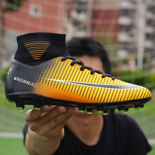 Load image into Gallery viewer, Men Football Boots Soccer Cleats Boots Long Spikes TF Spikes Ankle High Top Sneakers Soft Indoor Turf Futsal Child soccer Shoes